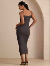 [Gris] SilkSilky-ES Spaghetti Strap Boat Neck Vestido 002