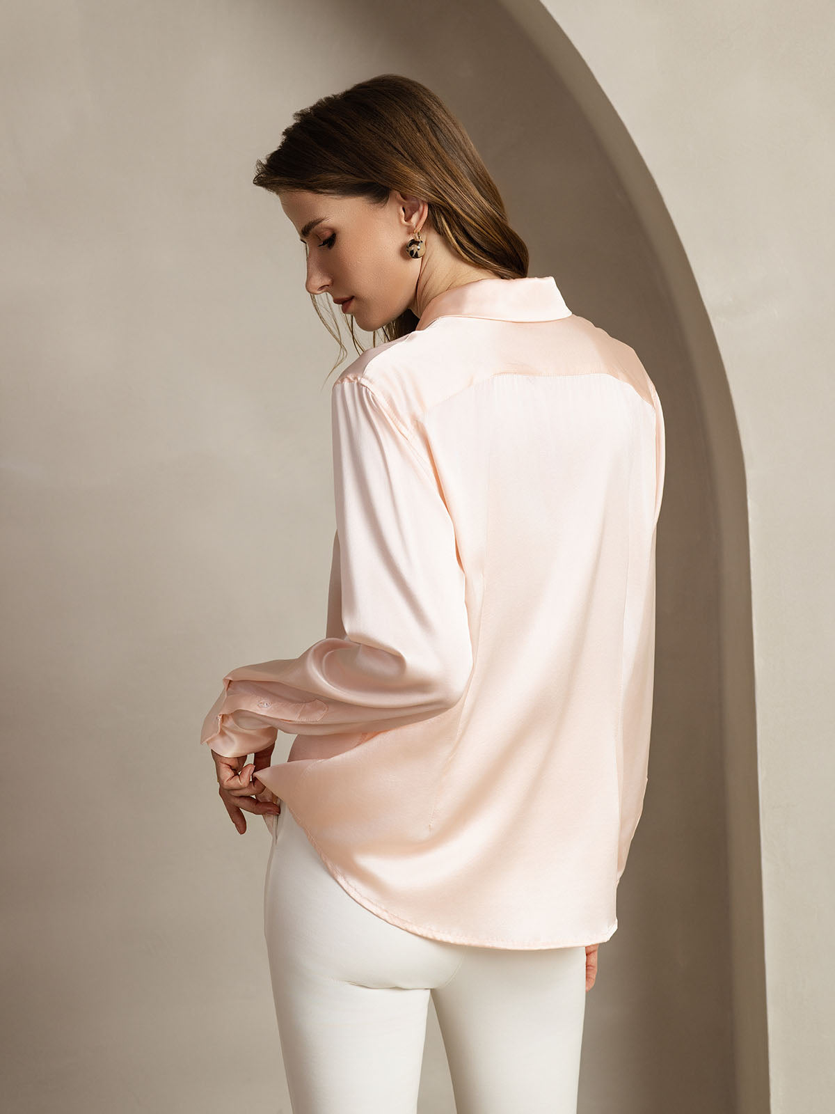 [Rosa Claro] SilkSilky-ES Seda Lapel Collar Blusas de Mujer 002