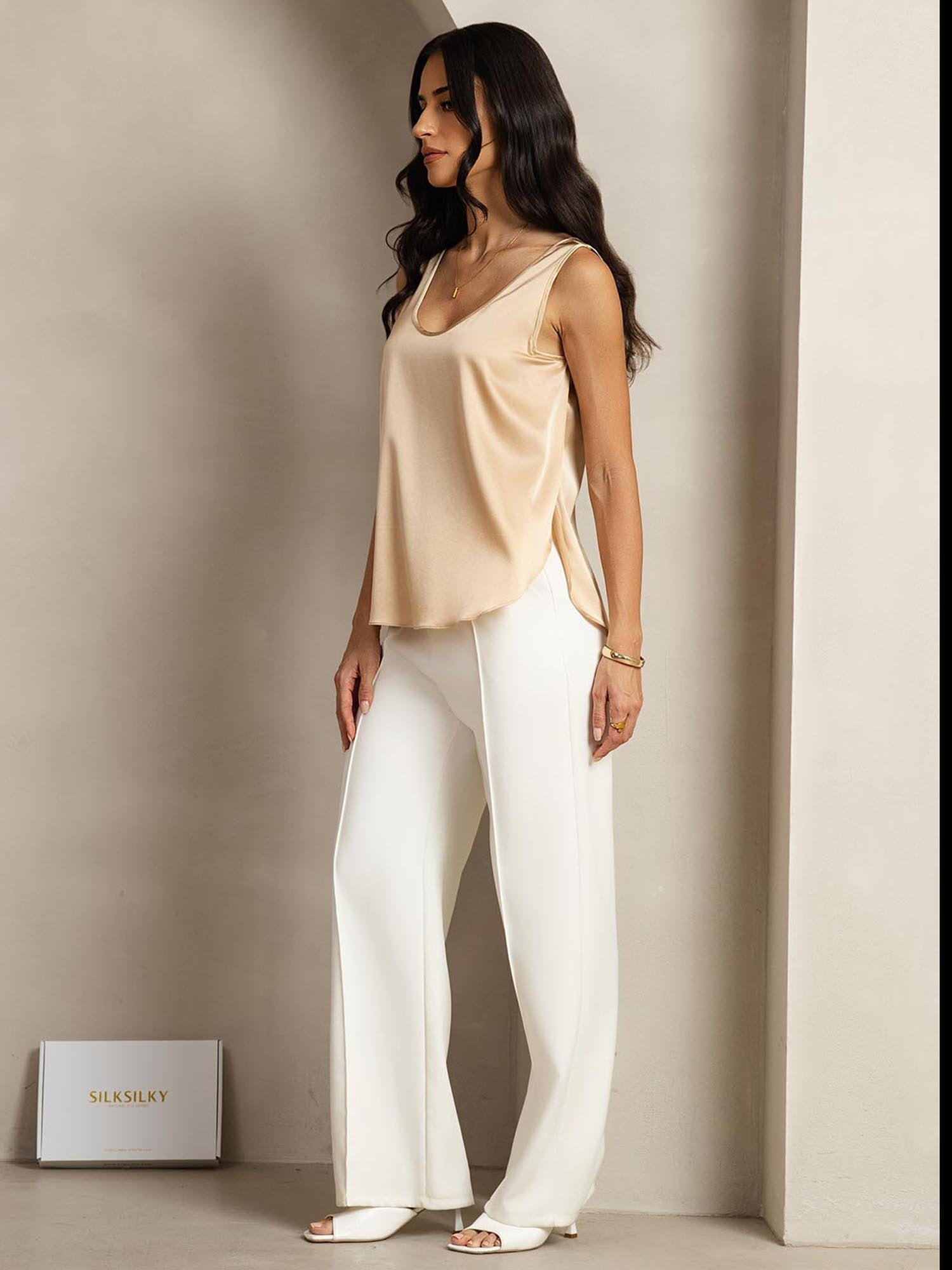 [Champán] SilkSilky-ES 19Momme Seda Cuello en U Camisetas de Mujer 003
