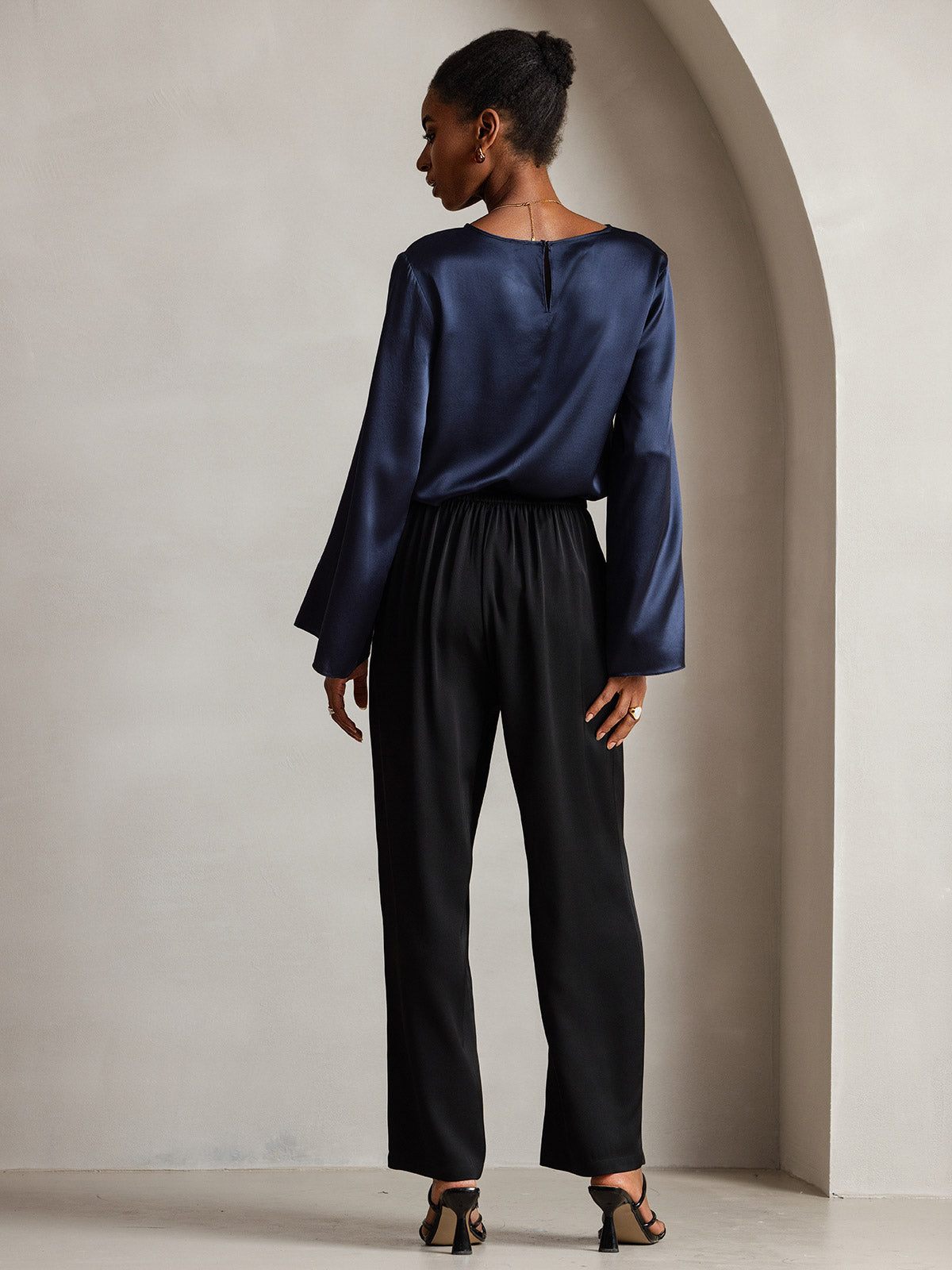 [Azul Oscuro] SilkSilky-ES 19Momme Seda Manga larga Blouse 002