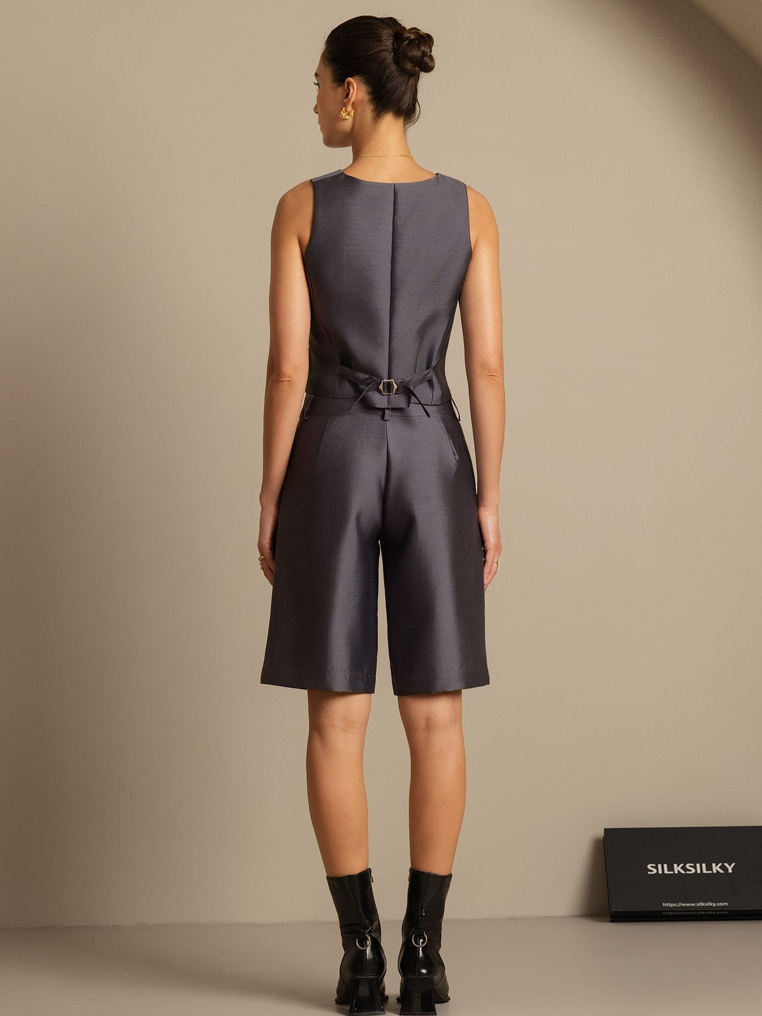 [Gris] SilkSilky-ES 32Momme Silk-Wool Blend Cuello en V Chaleco Mujer 002,