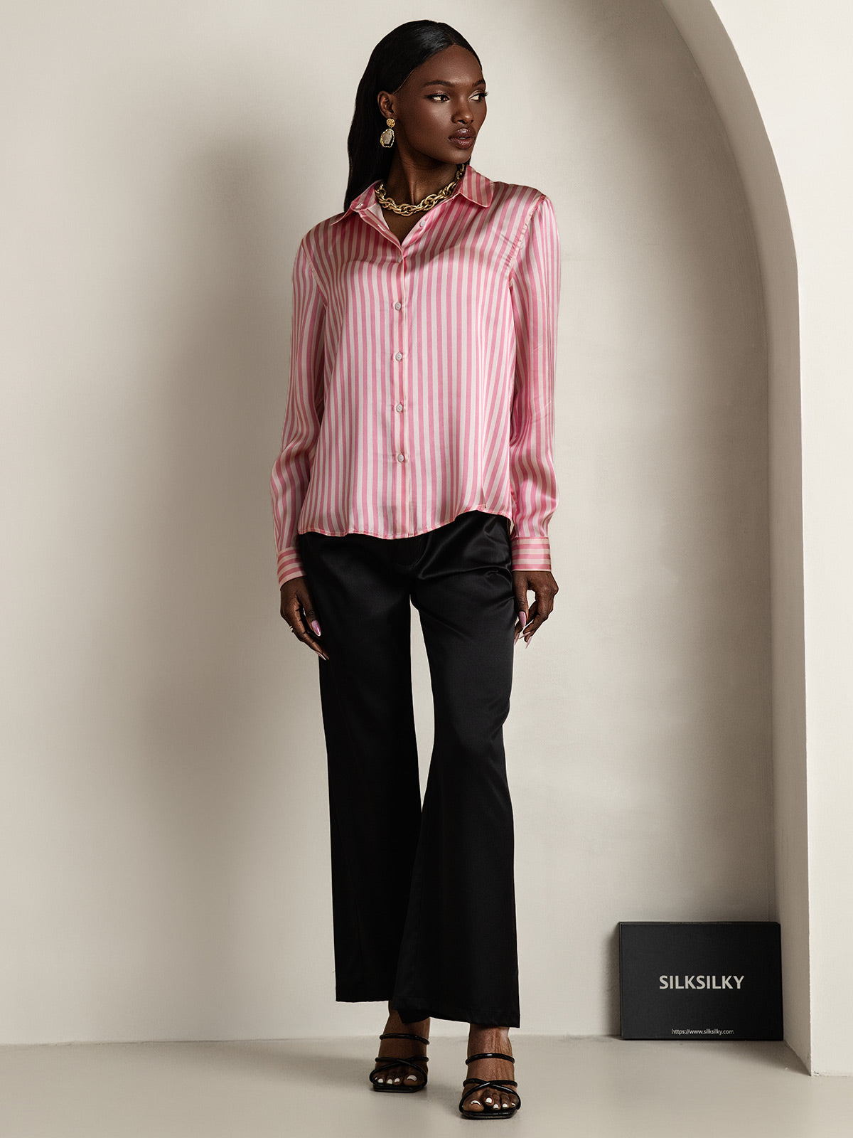 [Rosa] SilkSilky-ES Seda Lapel Collar Blusas de Mujer 008