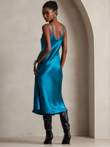 [Azul Real] SilkSilky-ES Spaghetti Strap V Neck Vestido 002