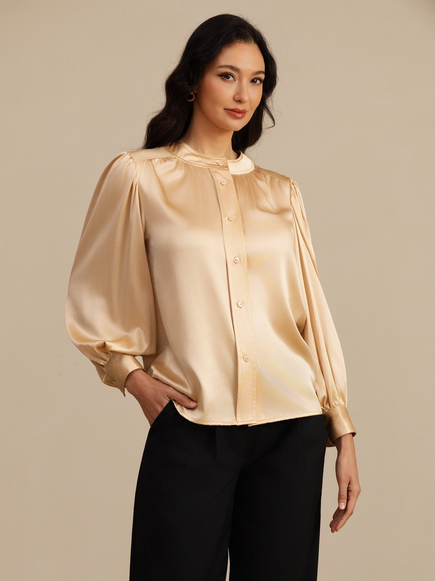 [Champán] SilkSilky-ES 19Momme Long Sleeve Round Neck Blusa 004
