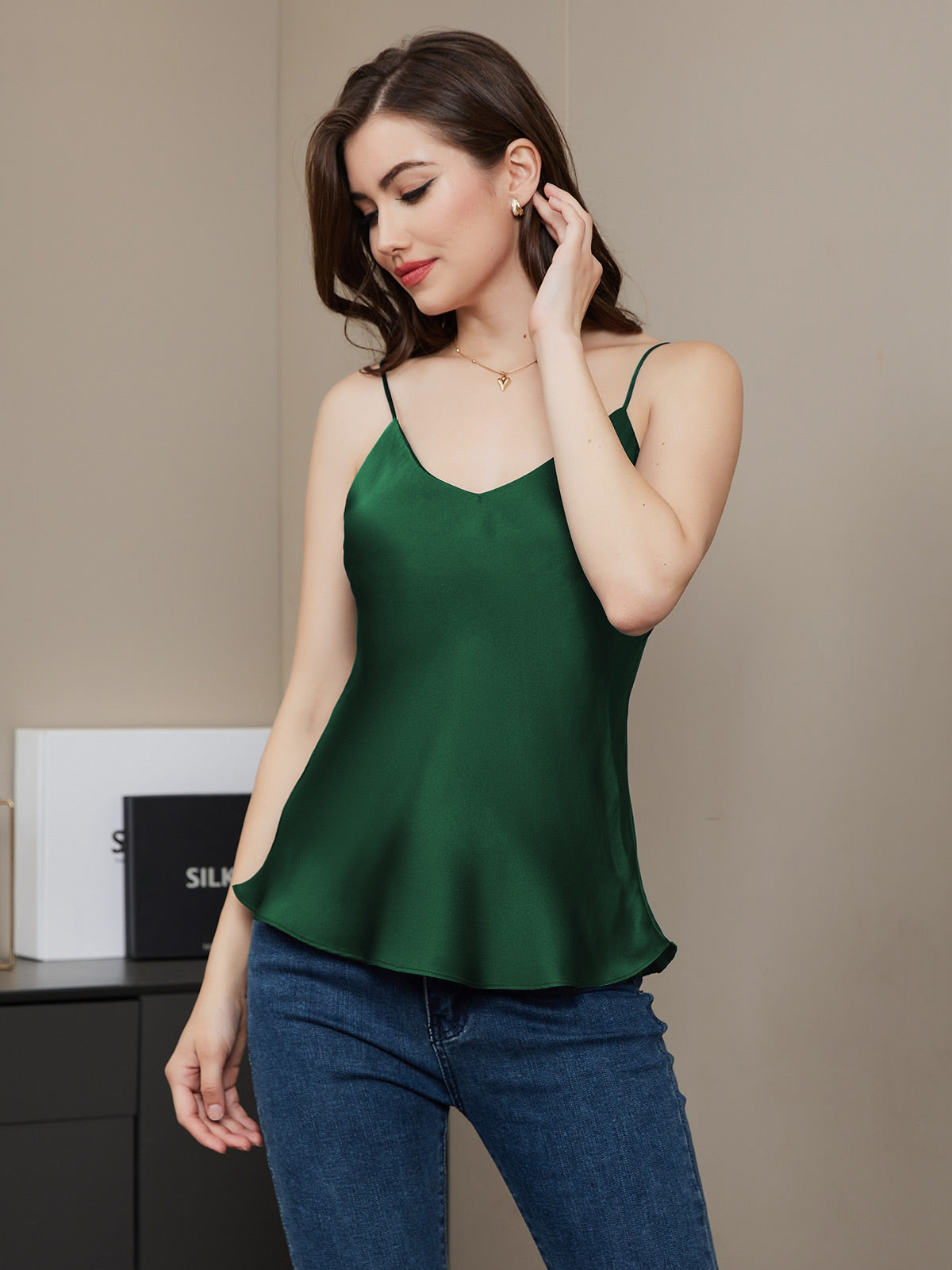 [Verde Oscuro] SilkSilky-ES Seda Pura Cuello en V Top de tirantes 005