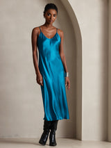 [Azul Real] SilkSilky-ES Spaghetti Strap V Neck Vestido 001
