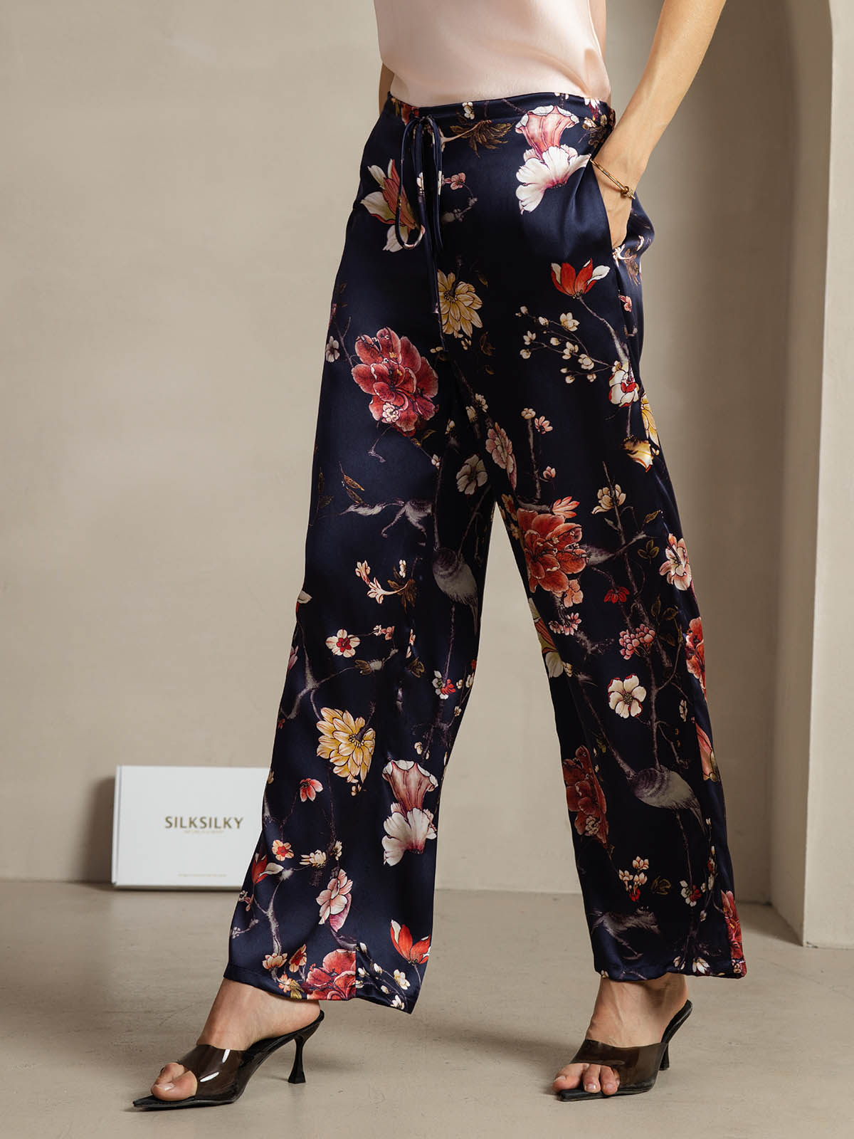 [Floral Azul Marino] SilkSilky-ES 19Momme Seda Womens Pants 003
