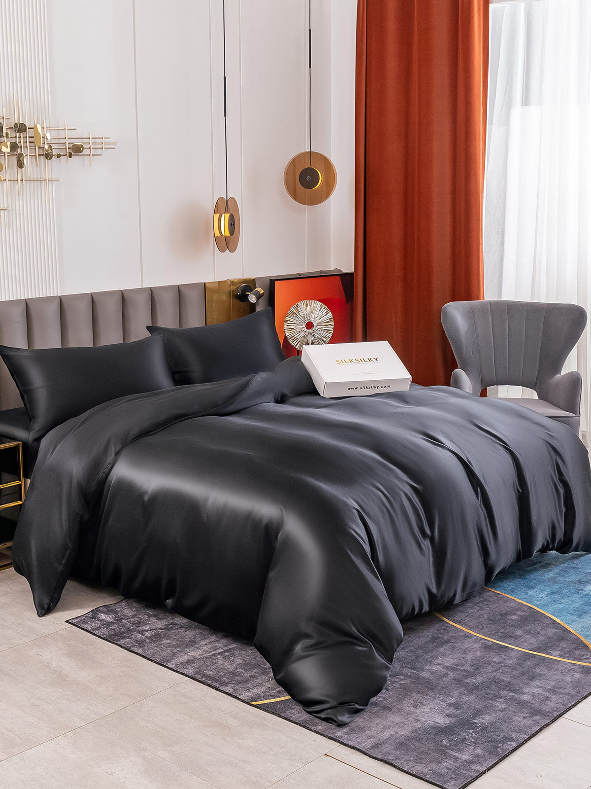 [Negro] SilkSilky-ES 19Momme Seda Pura Bedding Set 001