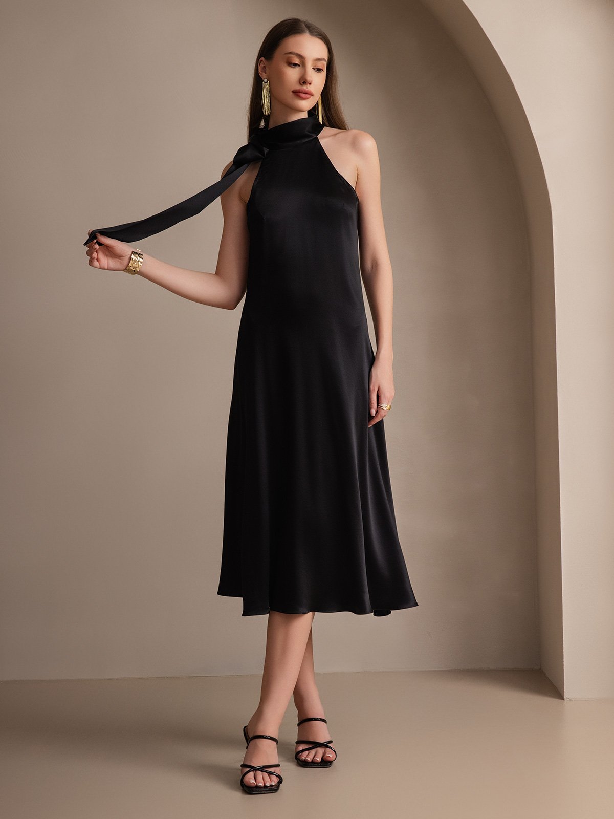 [Negro] SilkSilky-ES 19Momme Seda Sin mangas Corbata Vestido 001