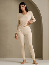[Beige] SilkSilky-ES Long Sleeve V Neck Ropa Interior Larga Mujer 006