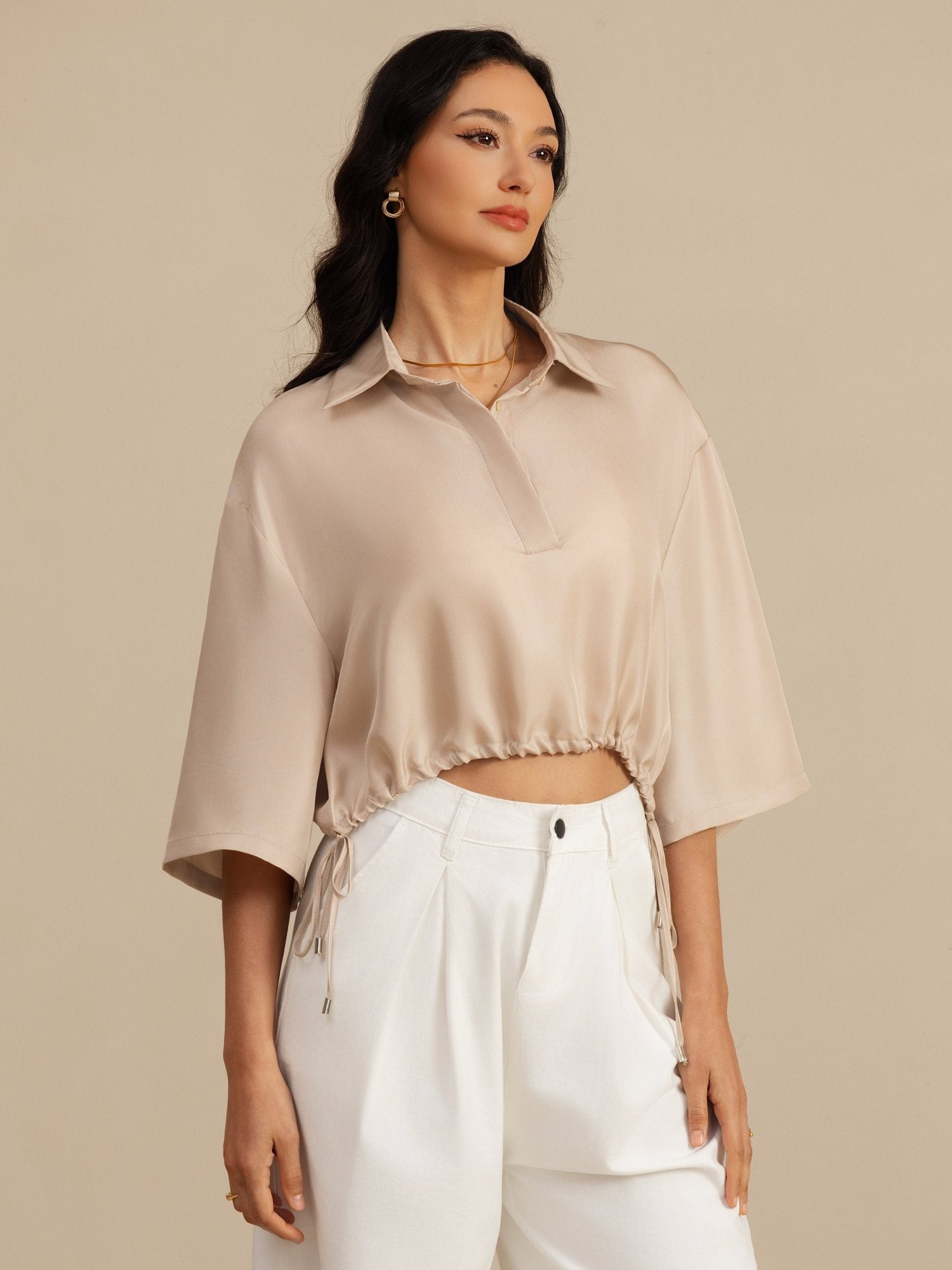 [Marrón Claro] SilkSilky-ES 18Momme A metà Cuello con Solapa Blusa 001