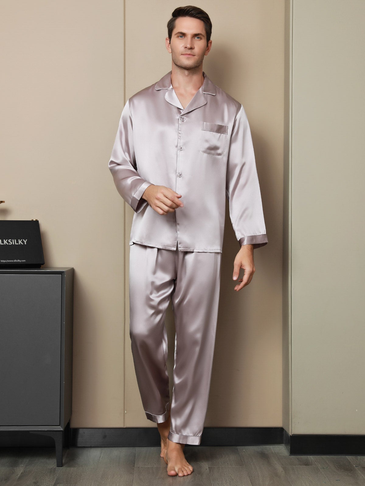 [Malva Pálido] SilkSilky-ES 19Momme Seda Pura Mens Pajamas 001