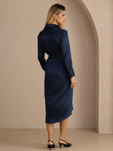 [Azul Oscuro] SilkSilky-ES Long Sleeve Lapel Collar Vestido 002