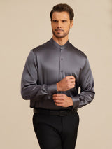 [Gris Oscuro] SilkSilky-ES Long Sleeve Stand Collar Camisa de hombre 003
