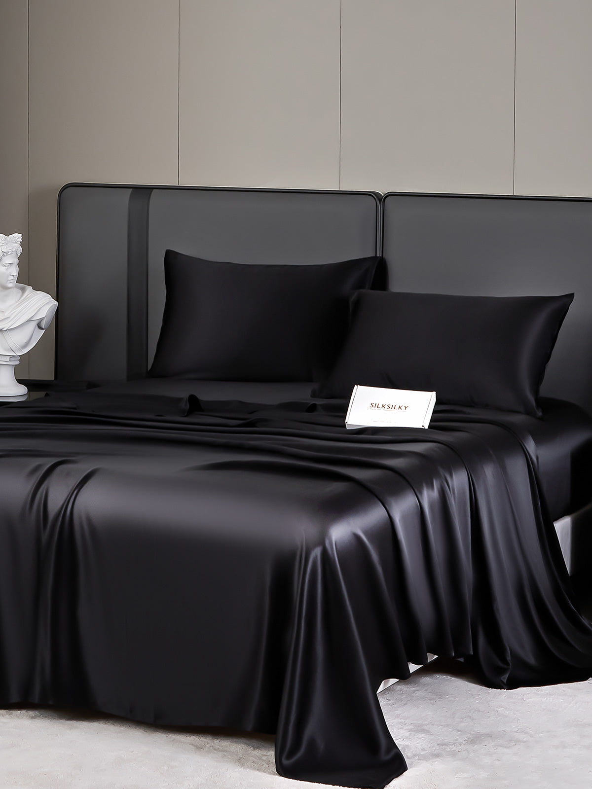 SilkSilky ES 19Momme Seda Pura Bedding Set Negro 003