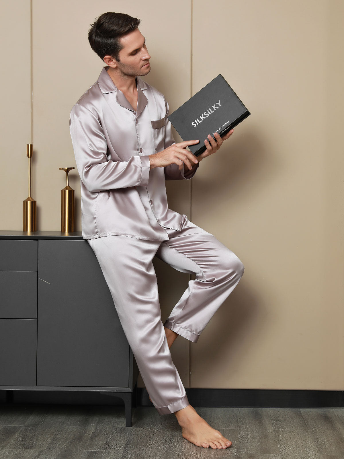 [Malva Pálido] SilkSilky-ES 19Momme Seda Pura Mens Pajamas 005