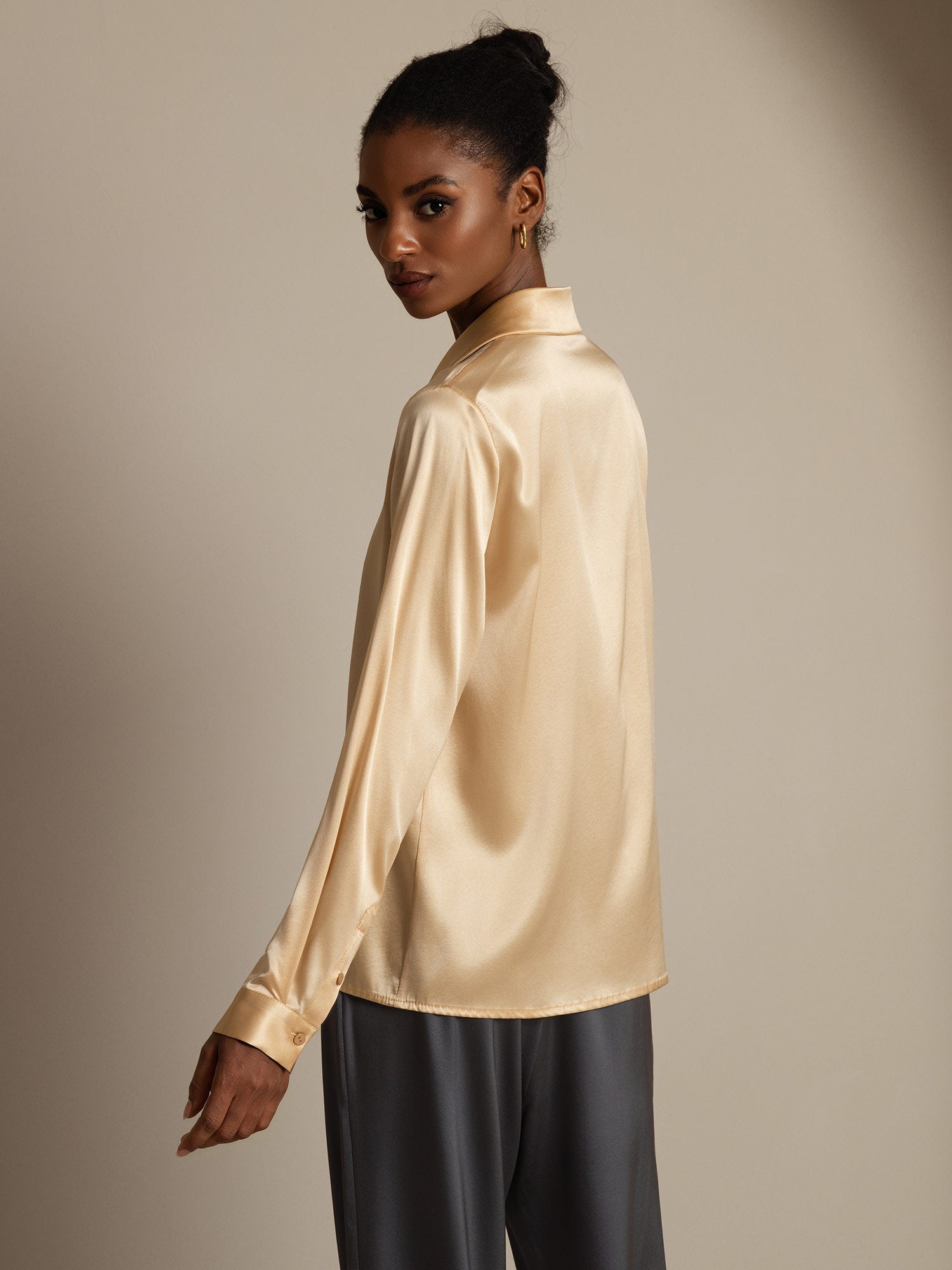 [Champán] SilkSilky-ES 19Momme Seda Cuello Camisero Blusas de Mujer 002
