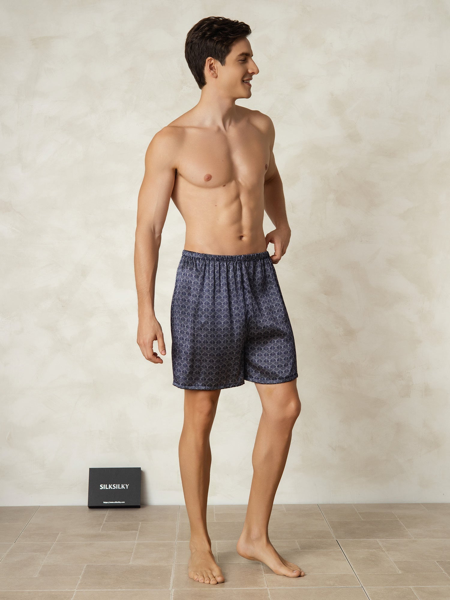 [Ginkgo Azul Marino] SilkSilky-ES Seda Pura Mens Sleep Bottoms 005