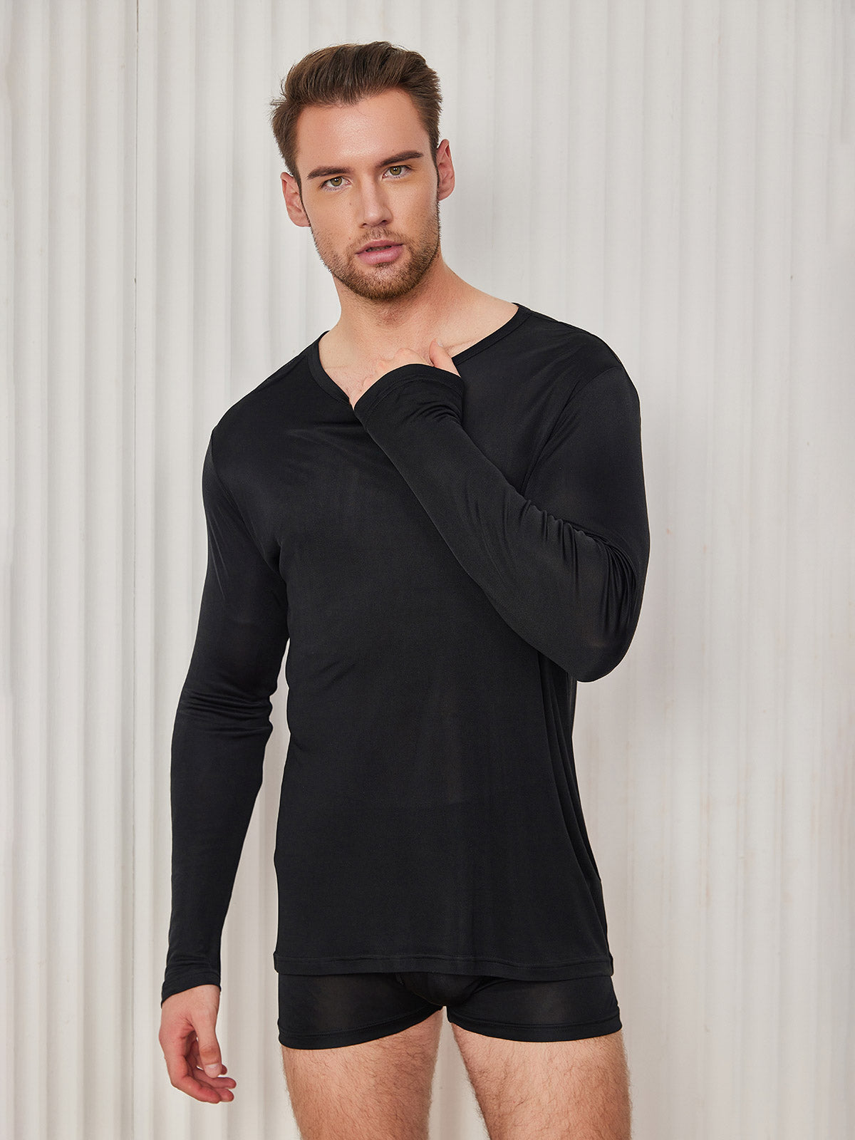 [Negro] SilkSilky-ES Manga larga Cuello Redondo Camiseta de hombre 005