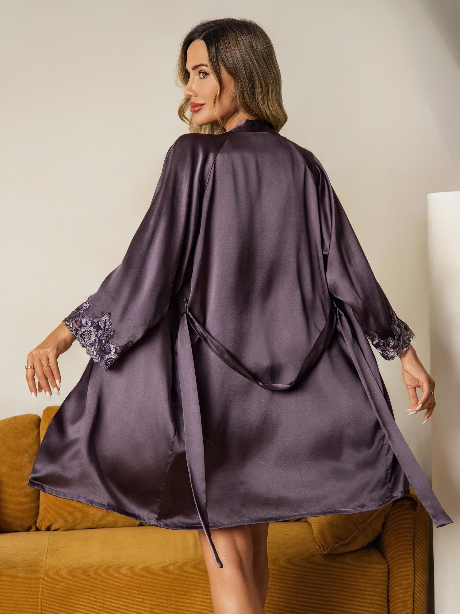 [GrisPúrpura] SilkSilky-ES Seda Pura Cuello en V Conjunto de camisón y bata 003