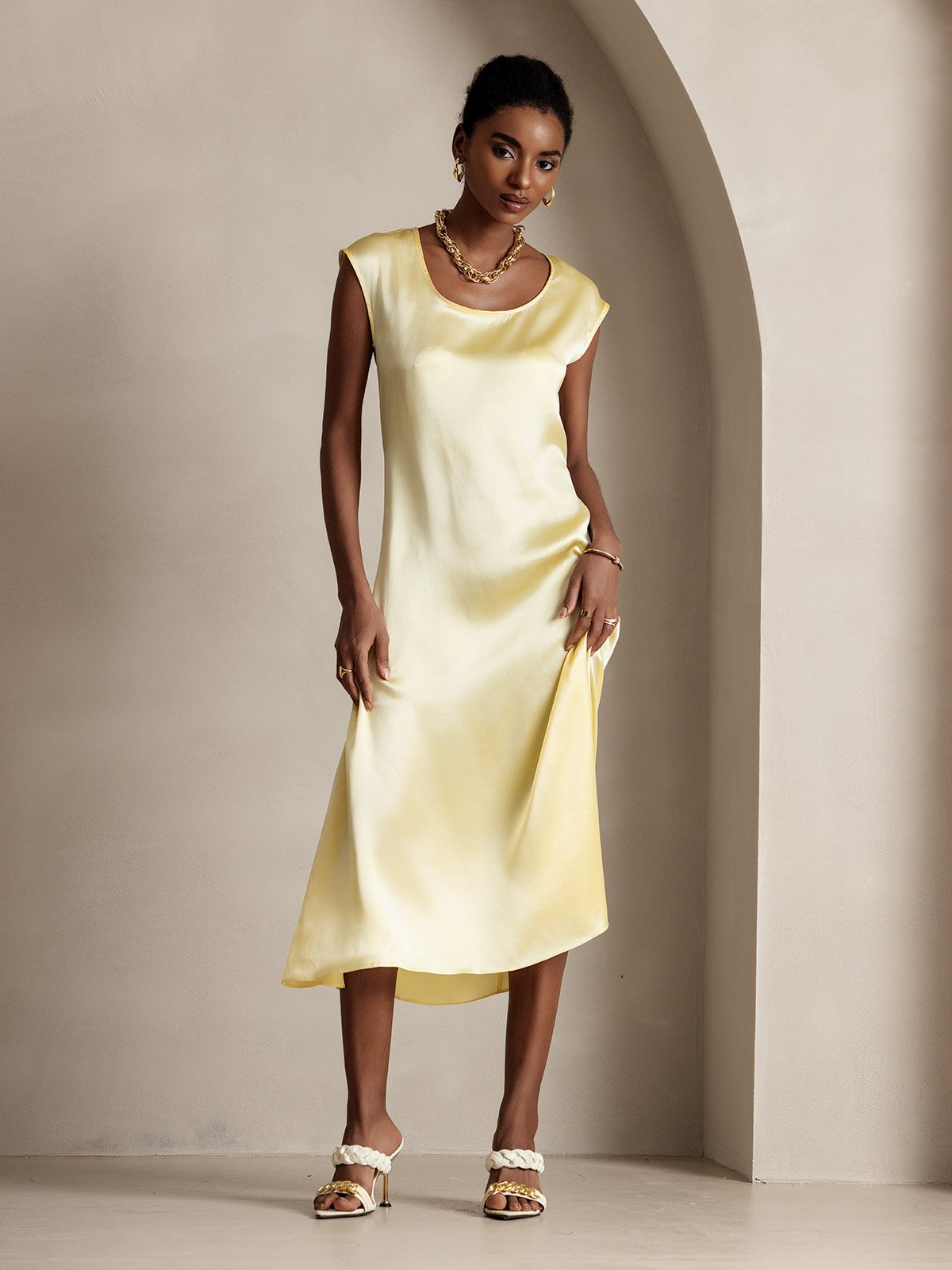 [Amarillo Claro] SilkSilky-ES 19Momme Seda Dress 005