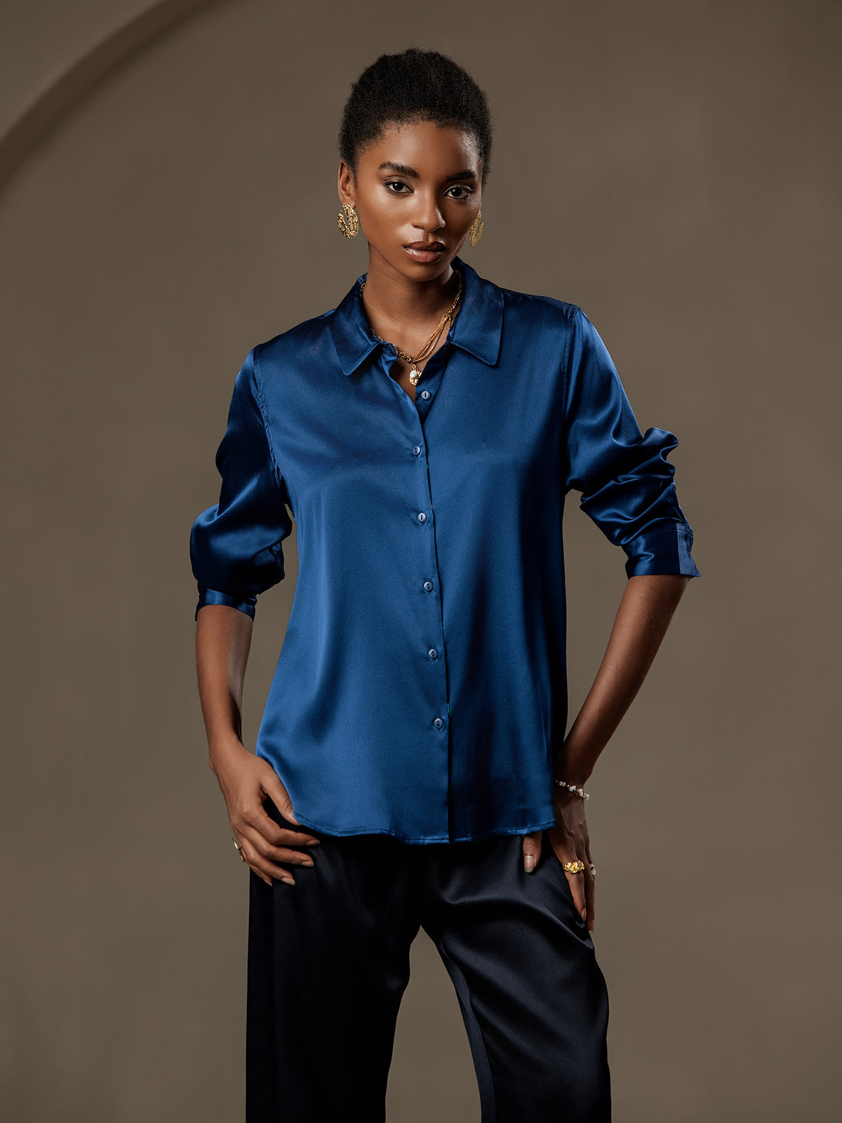 [Azul Real] SilkSilky-ES Seda Cuello Camisero Blusas de Mujer 001