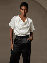 [Blanco] SilkSilky-ES Short Sleeve Cowl Neck Blusas 004