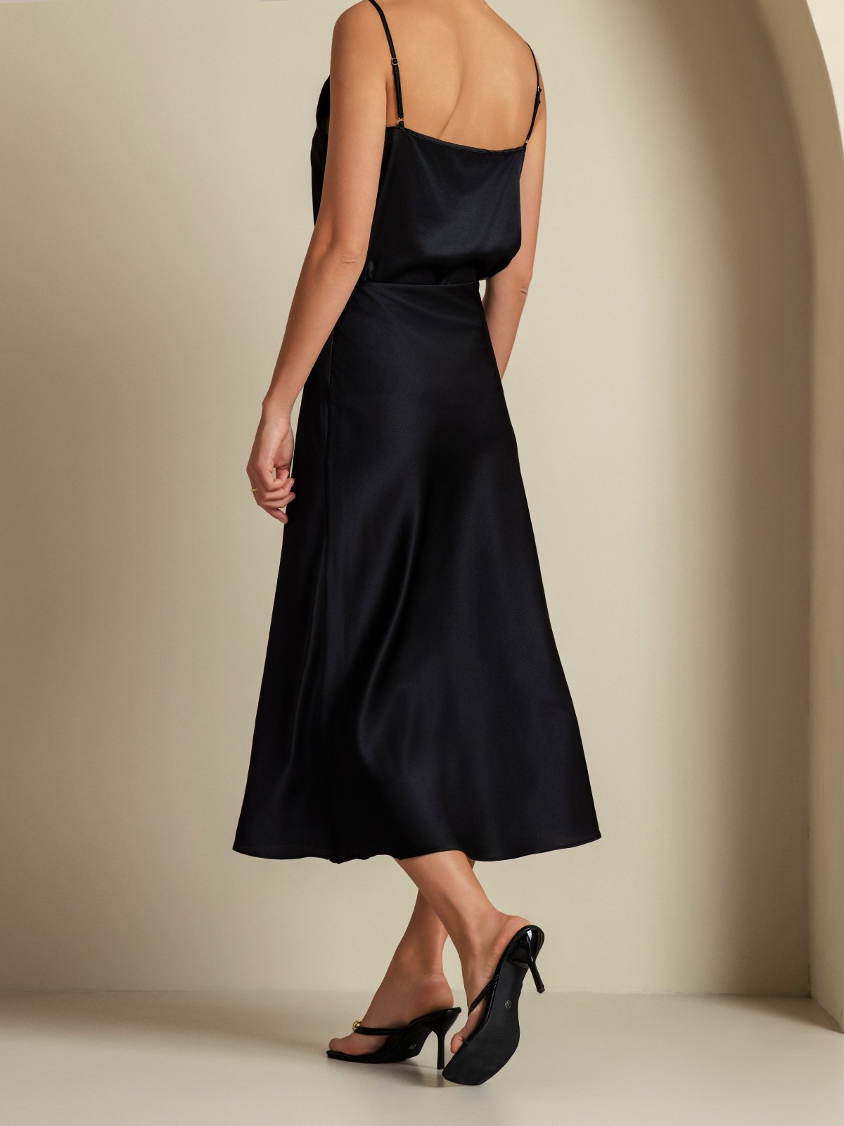 [Negro] SilkSilky-ES 19Momme Seda Pura Womens Outfit Sets 002,