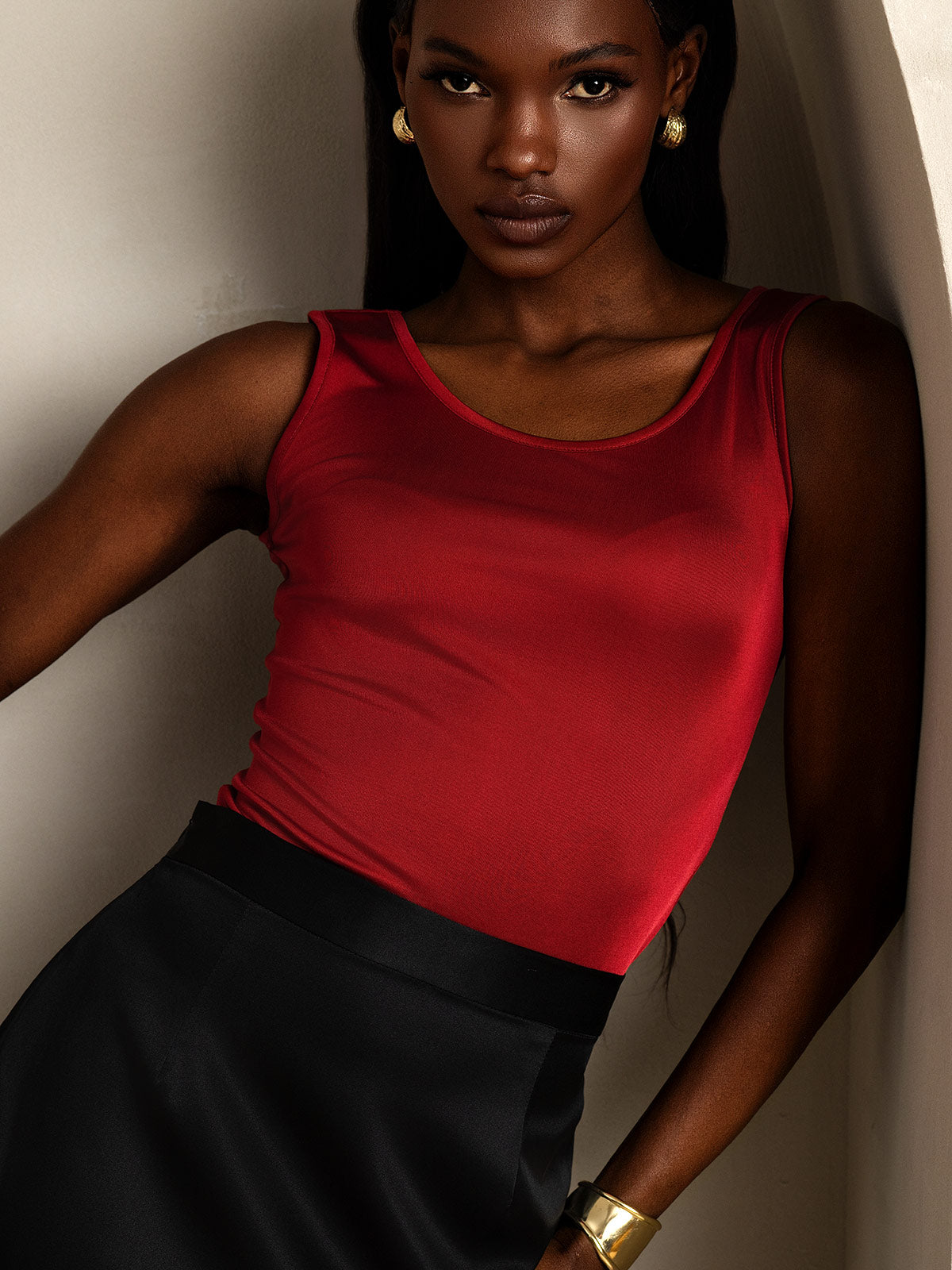 [Vino] SilkSilky-ES Tejido de seda Sin mangas Round Neck Camisetas de Mujer 003