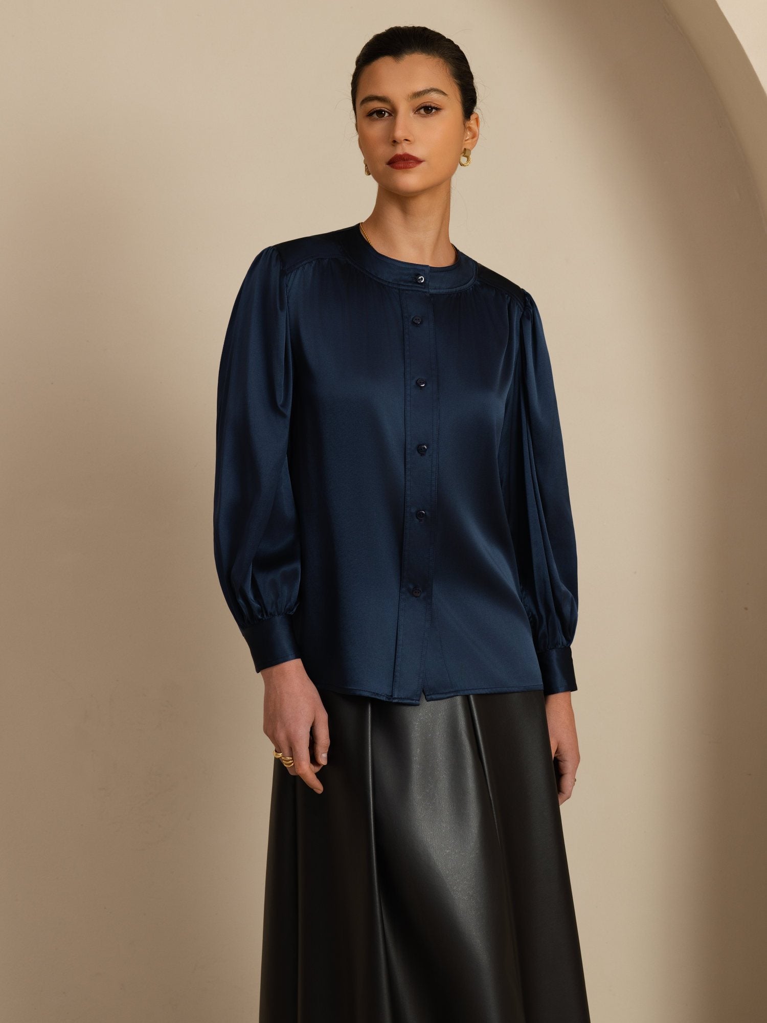 [Azul Oscuro] SilkSilky-ES 19Momme Long Sleeve Round Neck Blusa 003