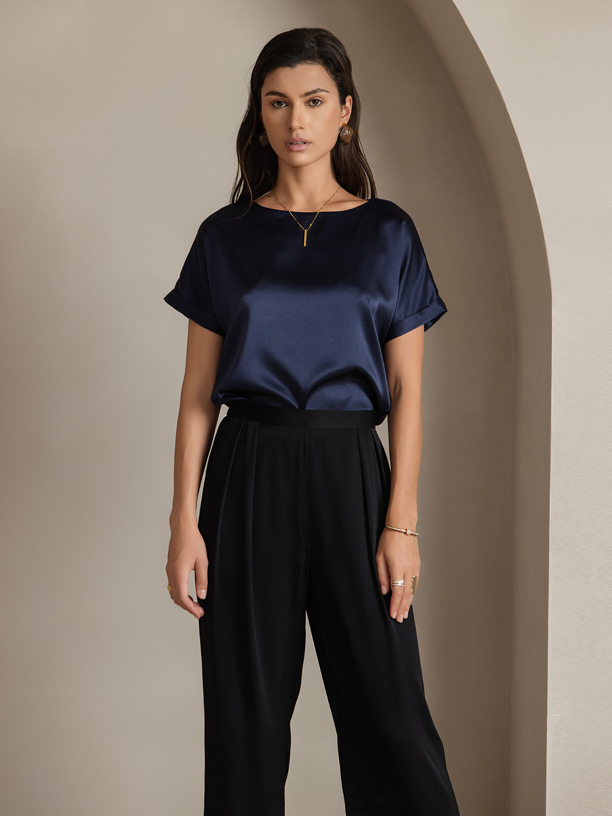 [Azul Oscuro] SilkSilky-ES 19Momme Manga corta Cuello Barco Camisetas de Mujer 001