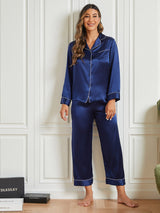 [Azul Oscuro] SilkSilky-ES Seda Pura Manga larga Womens Pajamas 004