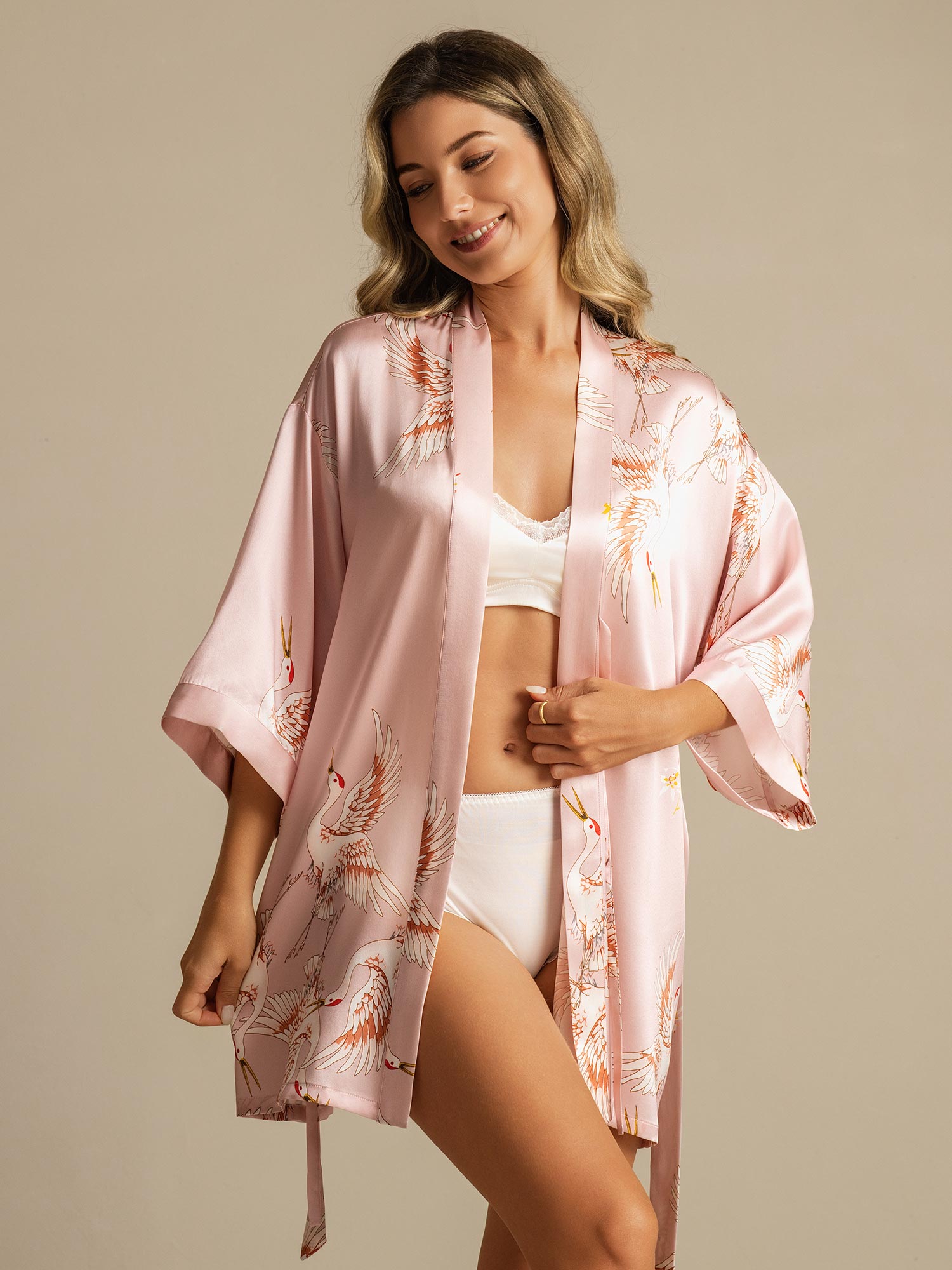 [Rosa] SilkSilky-ES Seda Pura Cuello en V Bata de mujer 003