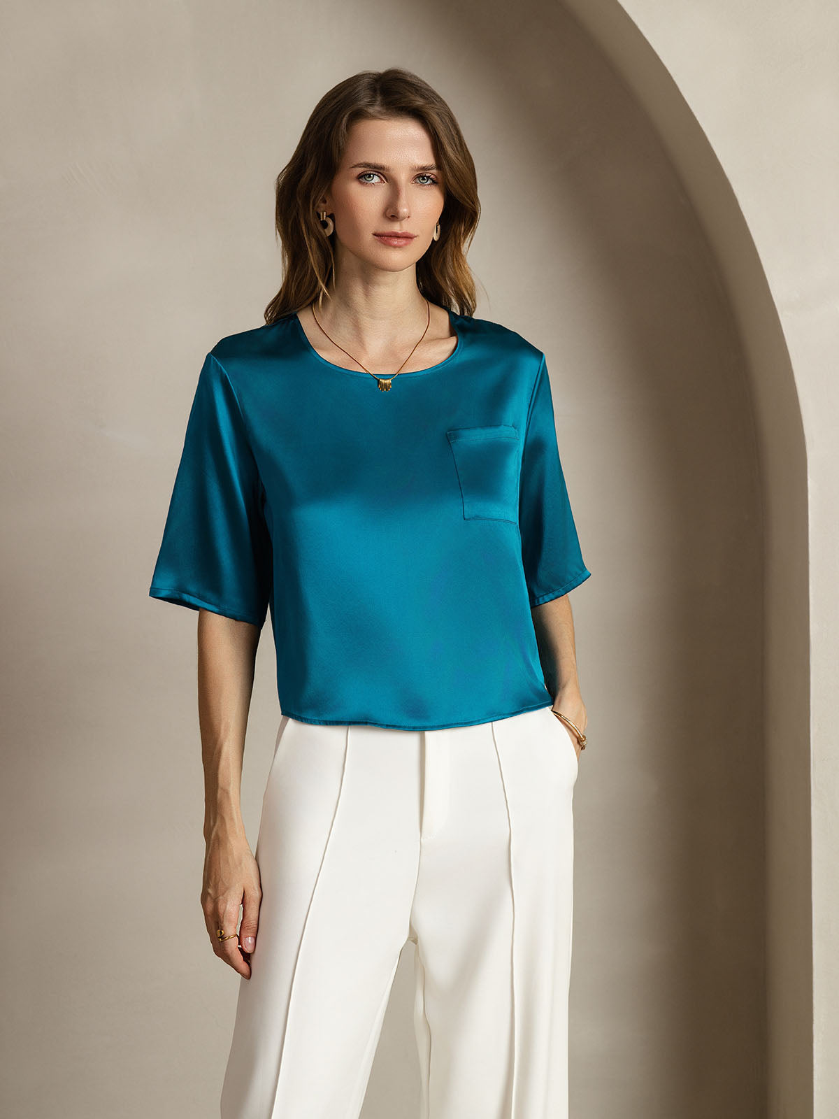 [Azul Real] SilkSilky-ES Seda Pura Cuello Barco Camisetas de Mujer 001