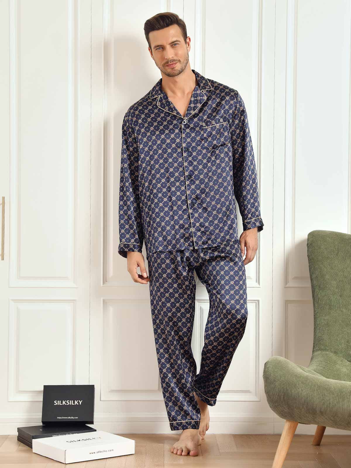 [Cadena Azul Marino] SilkSilky-ES Long Sleeve Lapel Collar Pijamas de hombre 002