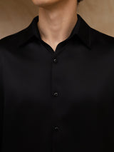 [Negro] SilkSilky-ES 19Momme Manga larga Cuello con Solapa Camisa de hombre 006