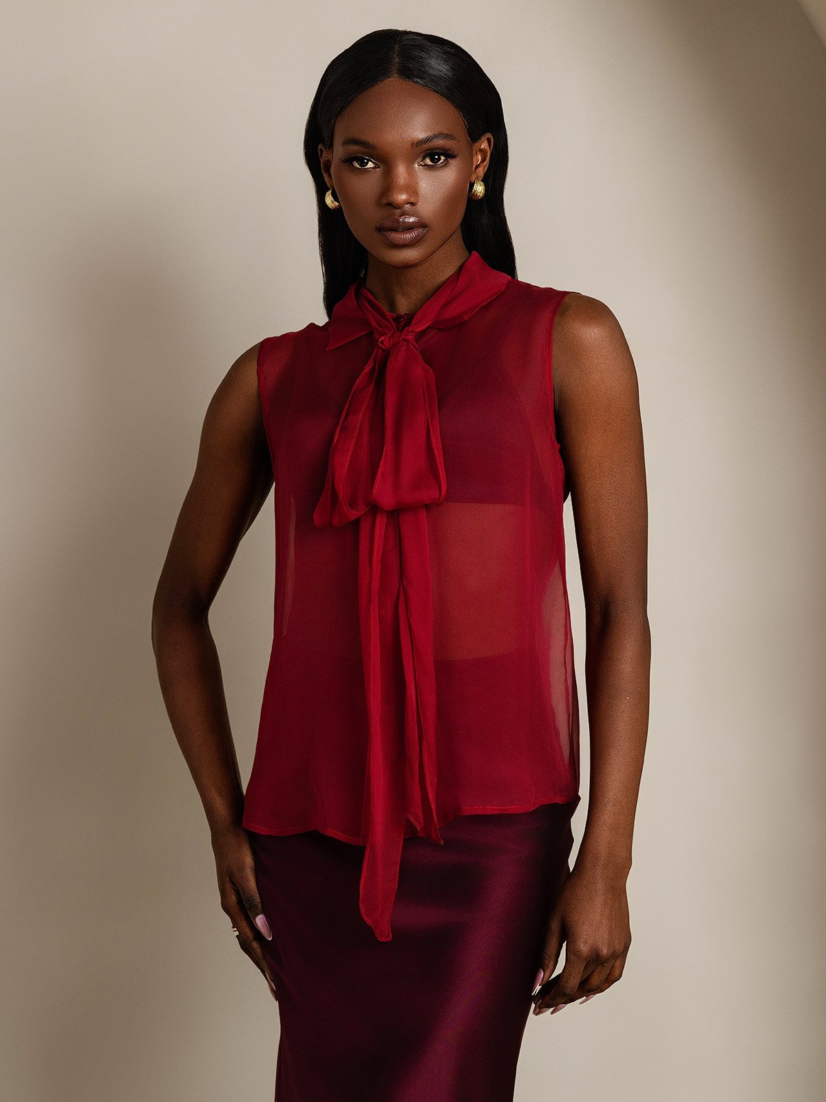 SilkSilky-ES Seda Pura Sin mangas Corbata Blusas de Mujer Vino 005