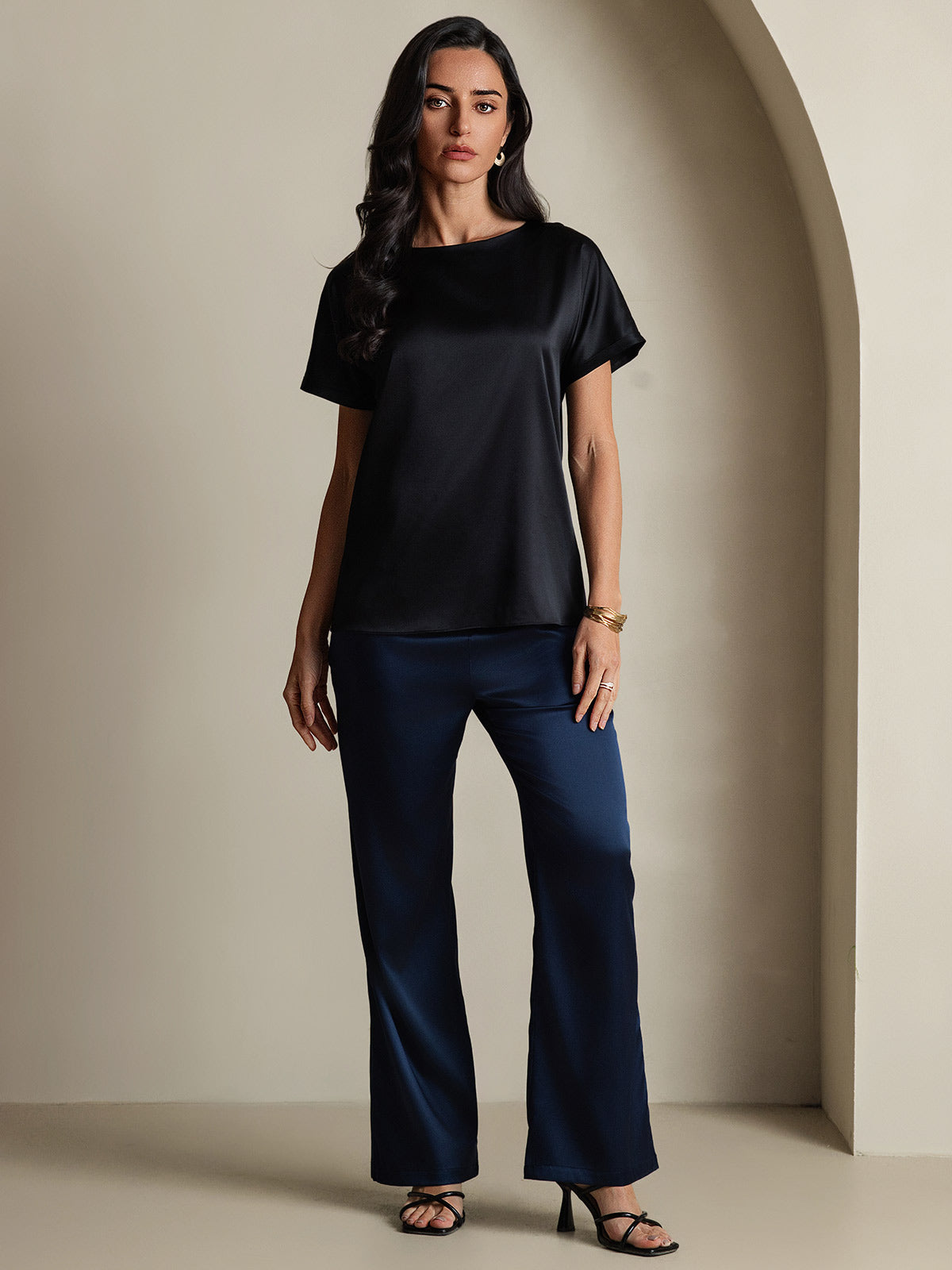 [Negro] SilkSilky-ES 19Momme Manga corta Cuello Barco Camisetas de Mujer 006