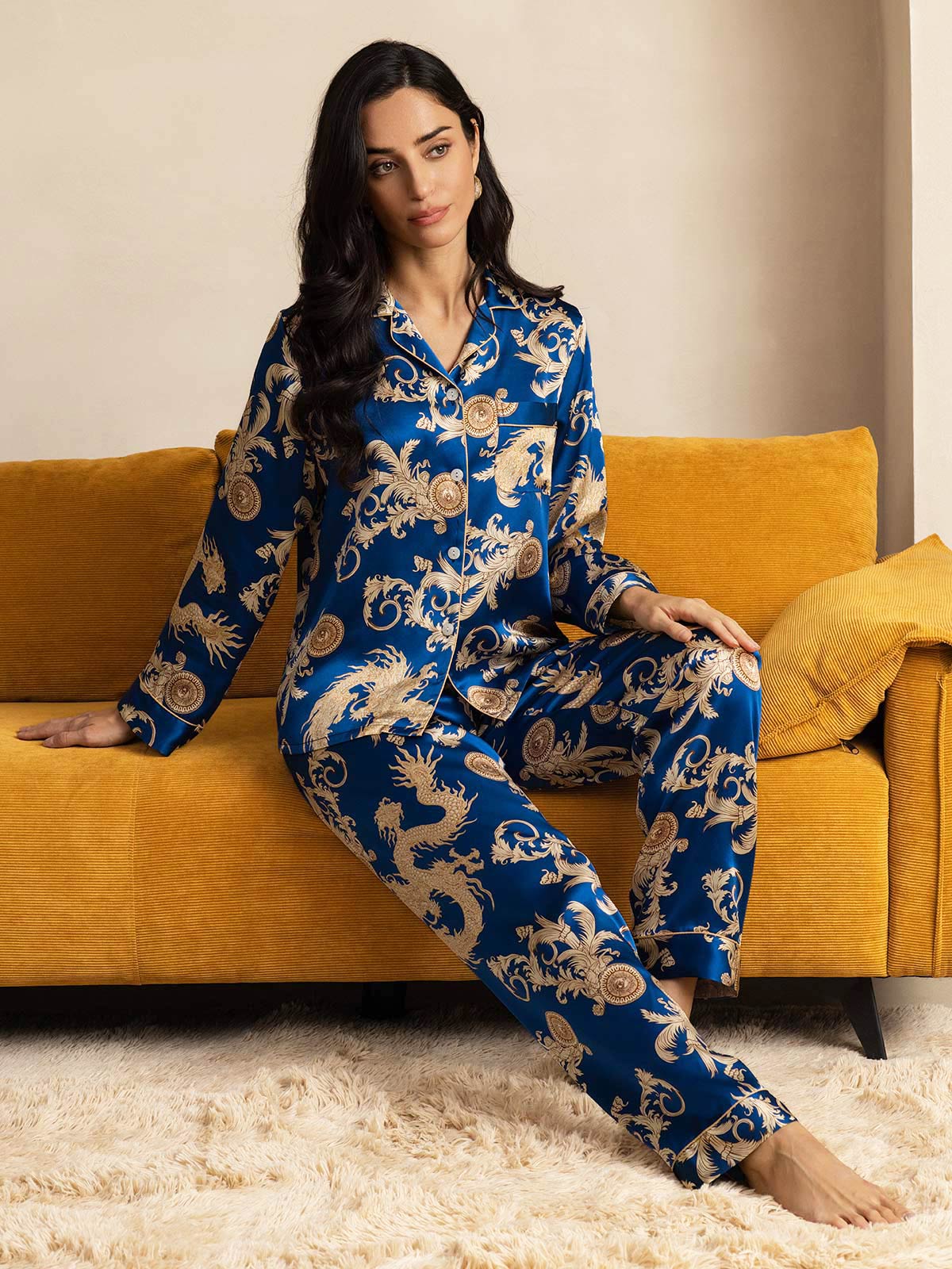 [Dragón Navy] SilkSilky-ES Seda Pura Womens Pajamas 008
