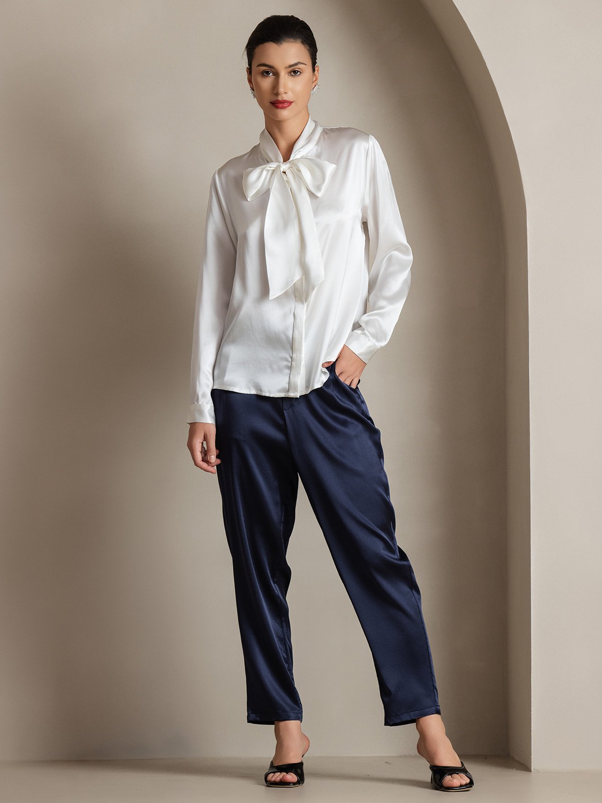 [Blanco] SilkSilky-ES 19Momme Seda Manga larga Corbata Blusas de Mujer 004