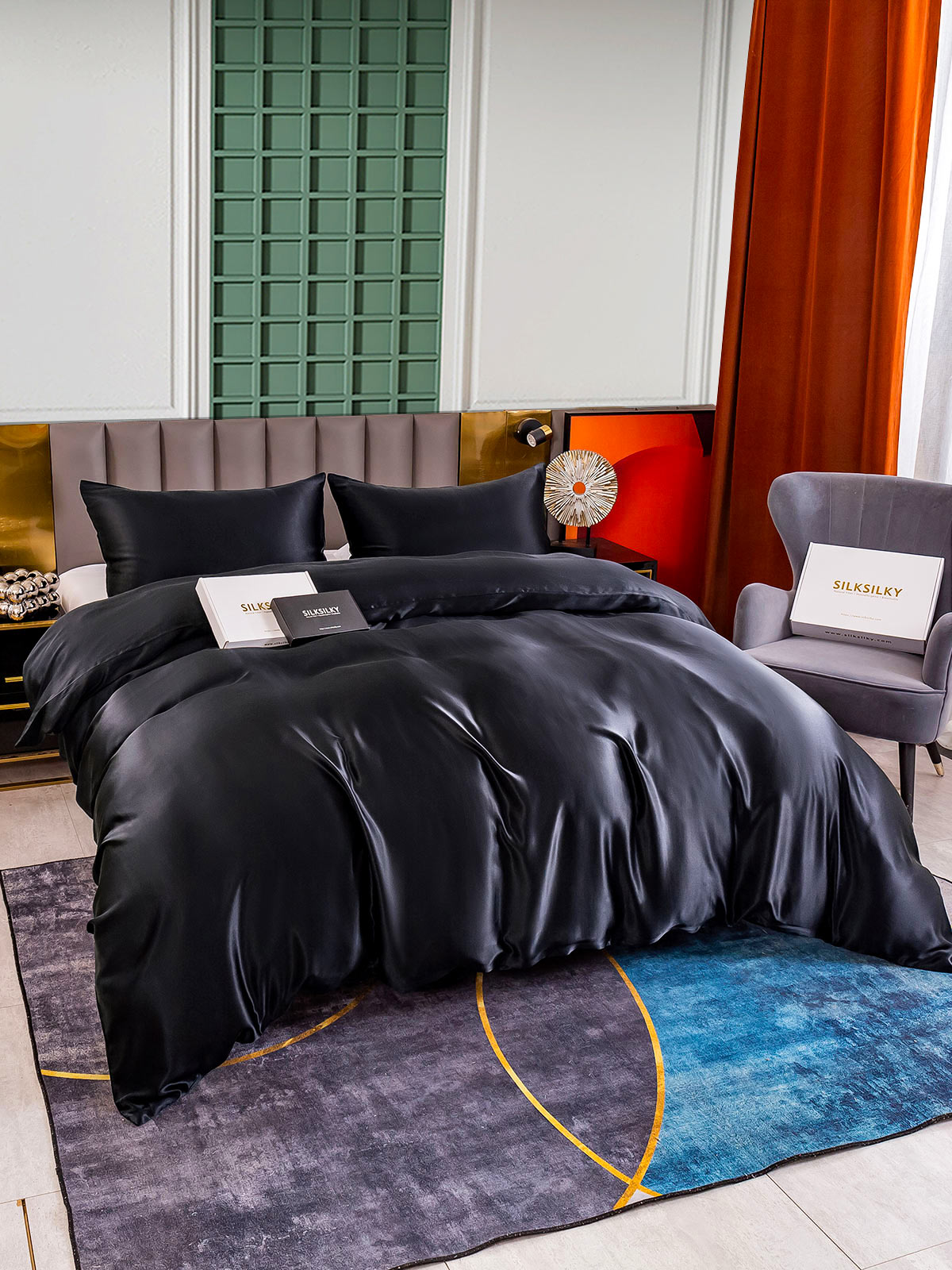 [Negro] SilkSilky-ES 25Momme Seda Pura Bedding Set 005
