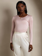[Rosa Coral] SilkSilky-ES Manga larga Cuello Redondo Camisetas de Mujer 003