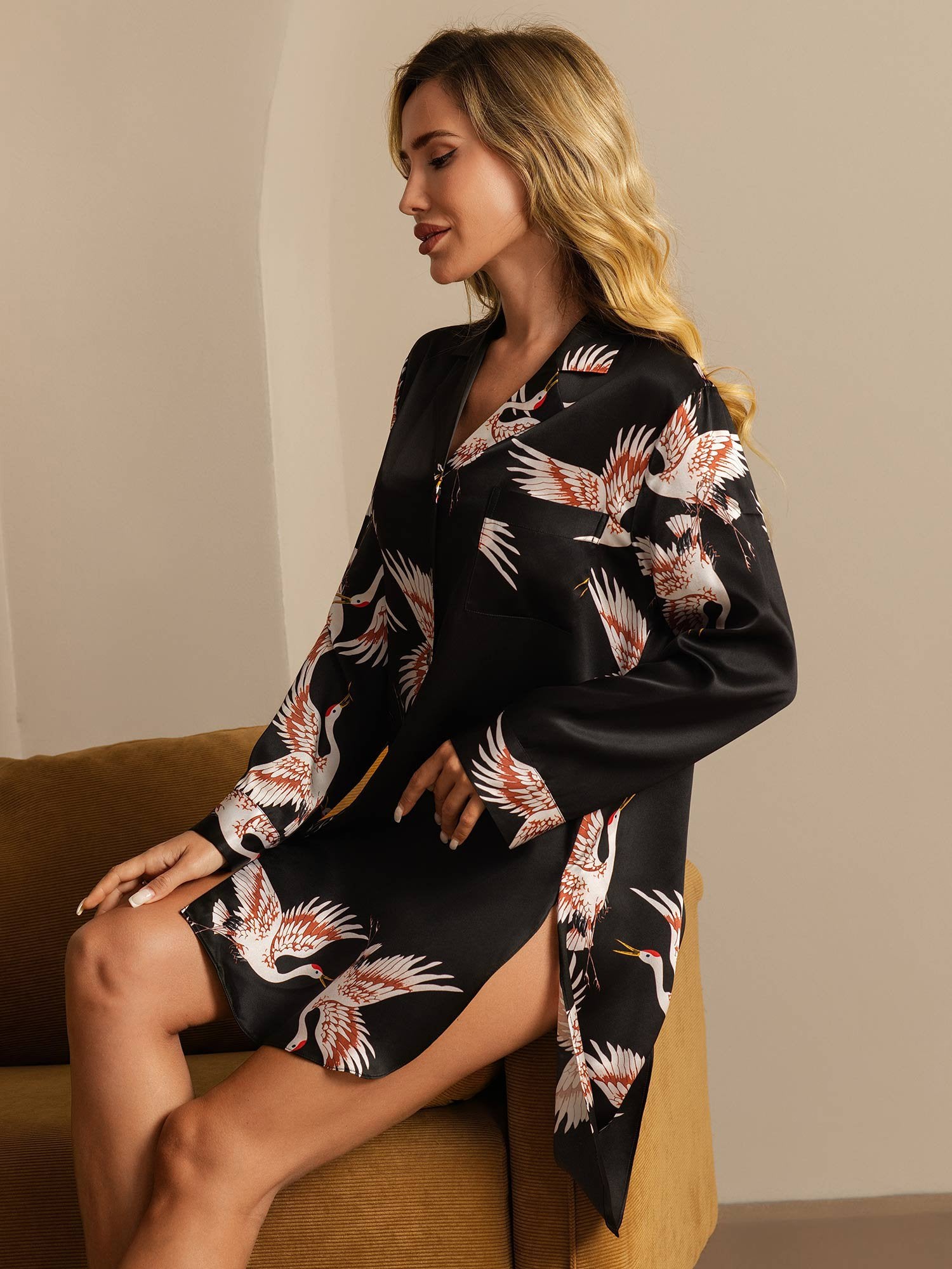 [Negro] SilkSilky-ES 19Momme Seda Pura Cuello Camisero Camisas de dormir 007