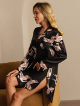 [Negro] SilkSilky-ES Long Sleeve Lapel Collar Camisas de dormir 007