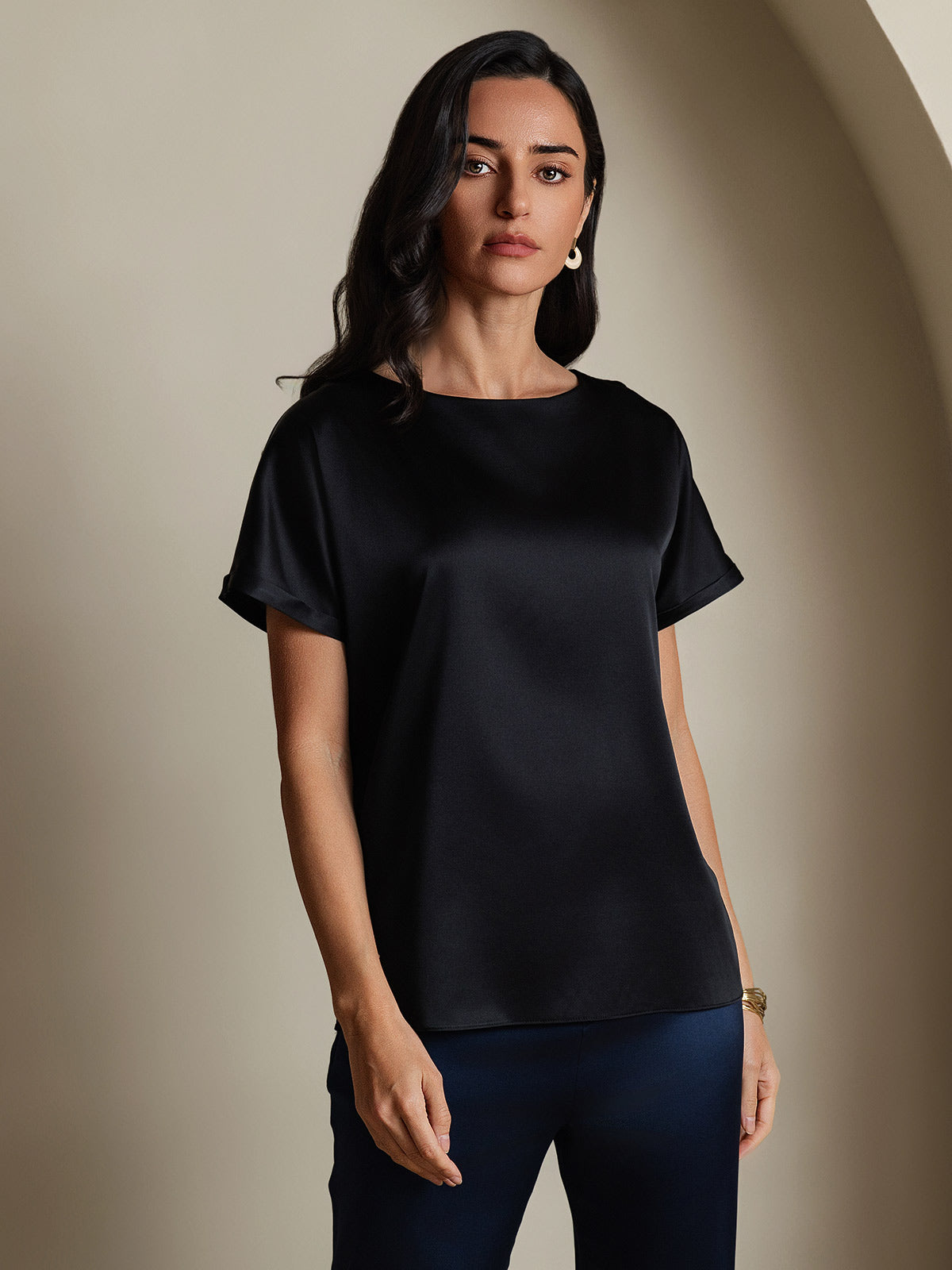 [Negro] SilkSilky-ES 19Momme Manga corta Cuello Barco Camisetas de Mujer 001