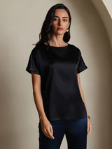 [Negro] SilkSilky-ES 19Momme Manga corta Cuello Barco Camisetas de Mujer 001