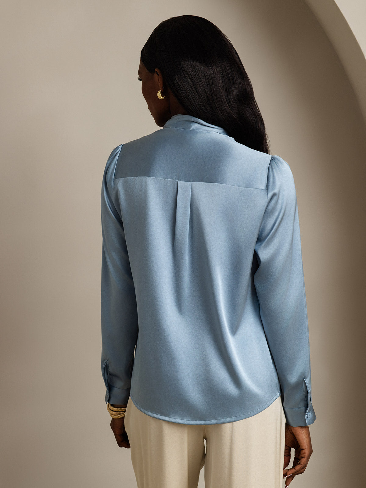 [Azul Grisáceo] SilkSilky-ES 19Momme Seda Manga larga Corbata Blusas de Mujer 002