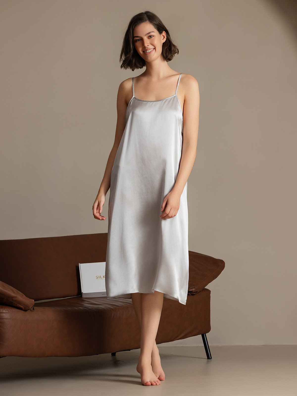 [Gris Claro] SilkSilky-ES 19Momme Seda Sin mangas Dress 004