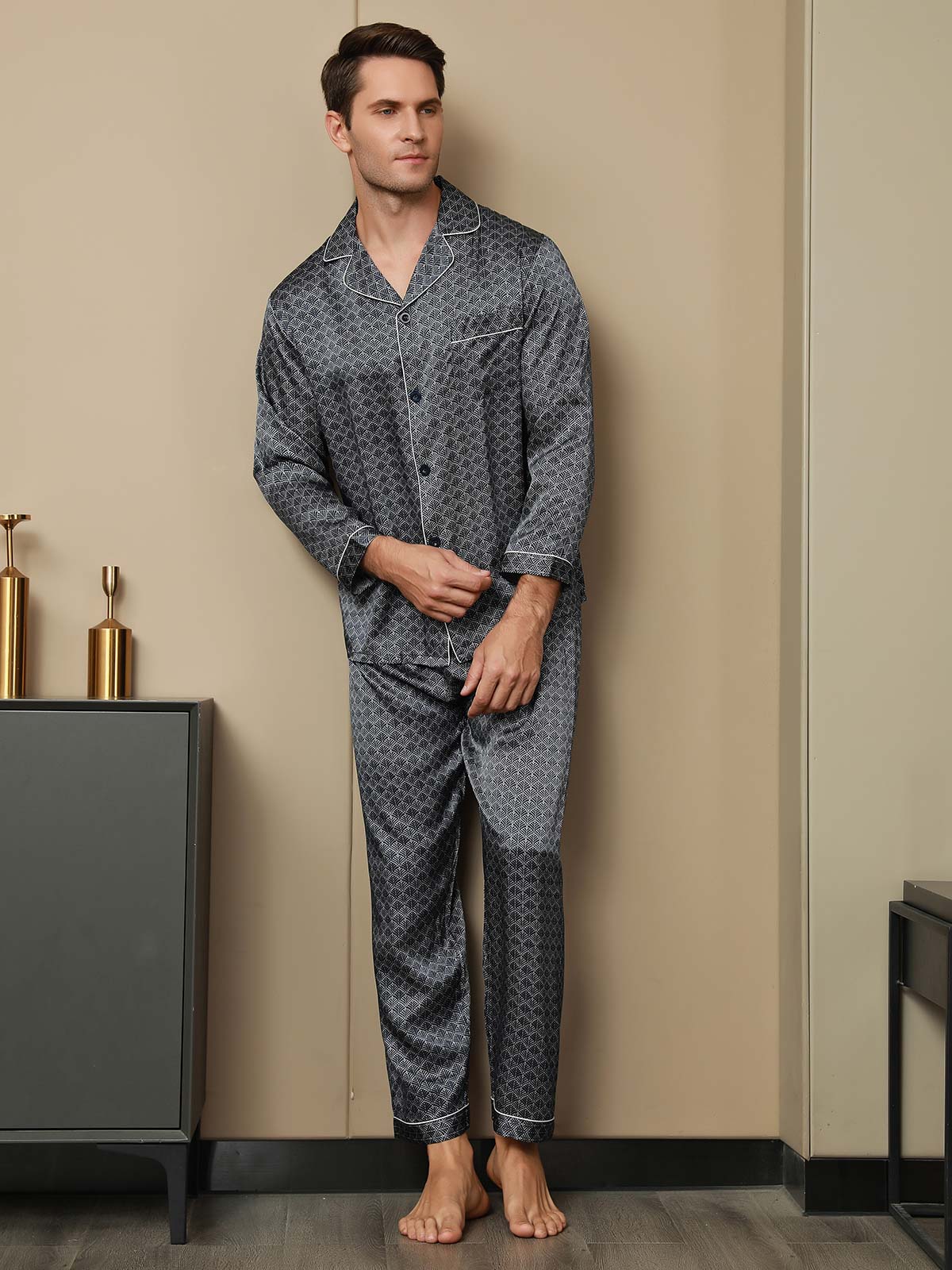 [Ginkgo Azul Marino] SilkSilky-ES 19Momme Seda Pura Mens Pajamas 004
