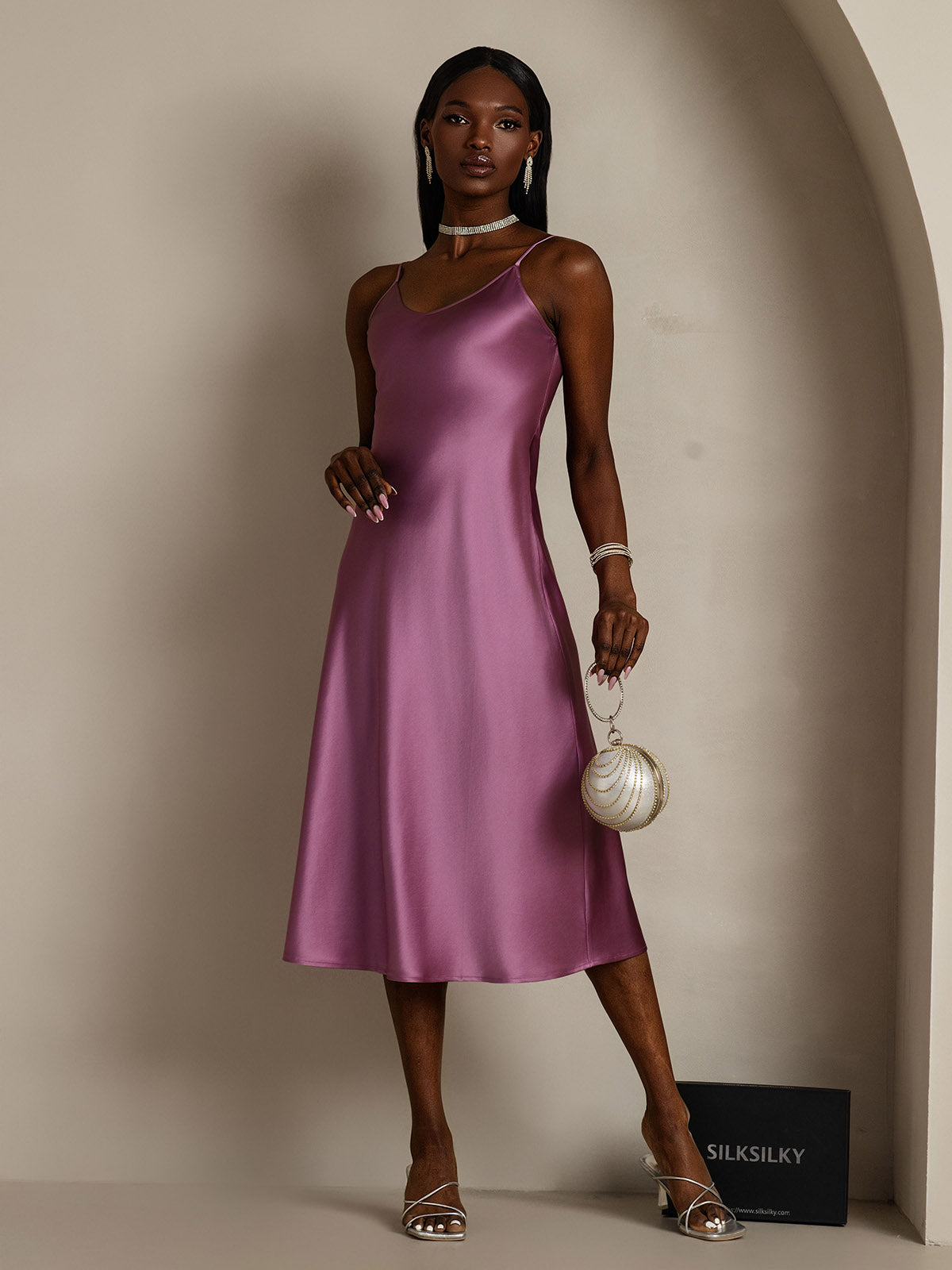 [Morado Oscuro] SilkSilky-ES Seda Pura Dress 004